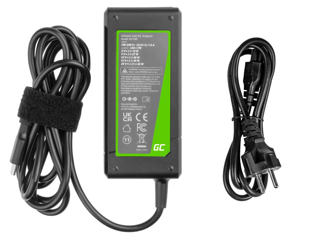 Green Cell PRO USB-C Laddare 20V 3.25A 65W – För Lenovo, Acer, Asus, HP mfl